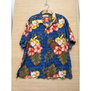 Caribbean Mens XL Silk Blend Blue Tropical Hibiscus Pineapple Hawaiian Shirt